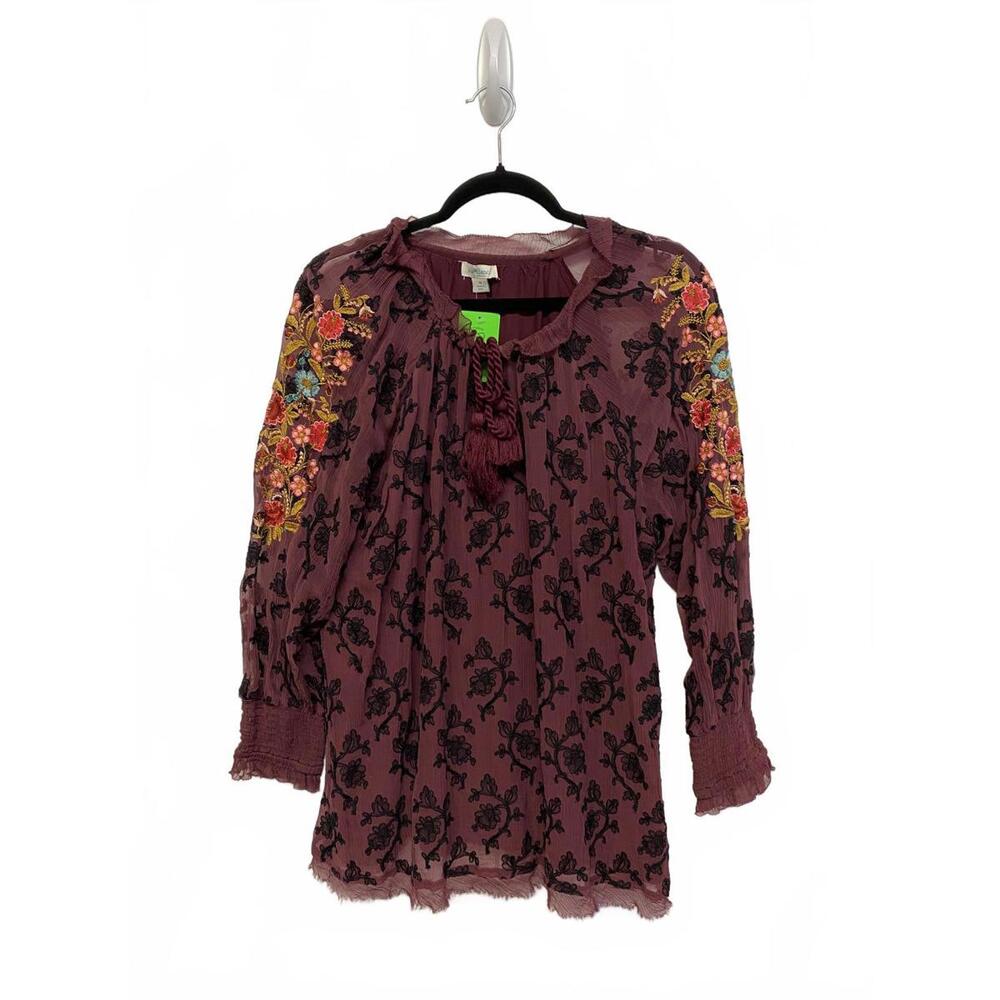 Sundance Maroon Colorful Floral Embroidered Sheer Blouse Medium Boho Boutique